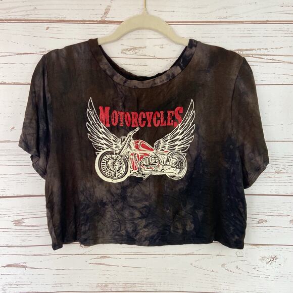 Windsor L Black Motorcycle Tie Dye Short Sleeve Graphic Boxy Tshirt Crop Top - Picture 3 of 7